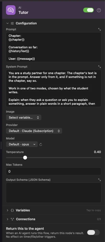 The Tutor: the chapter, the conversation and the new message in the Prompt, the rules in the System Prompt, and no provider pinned.
