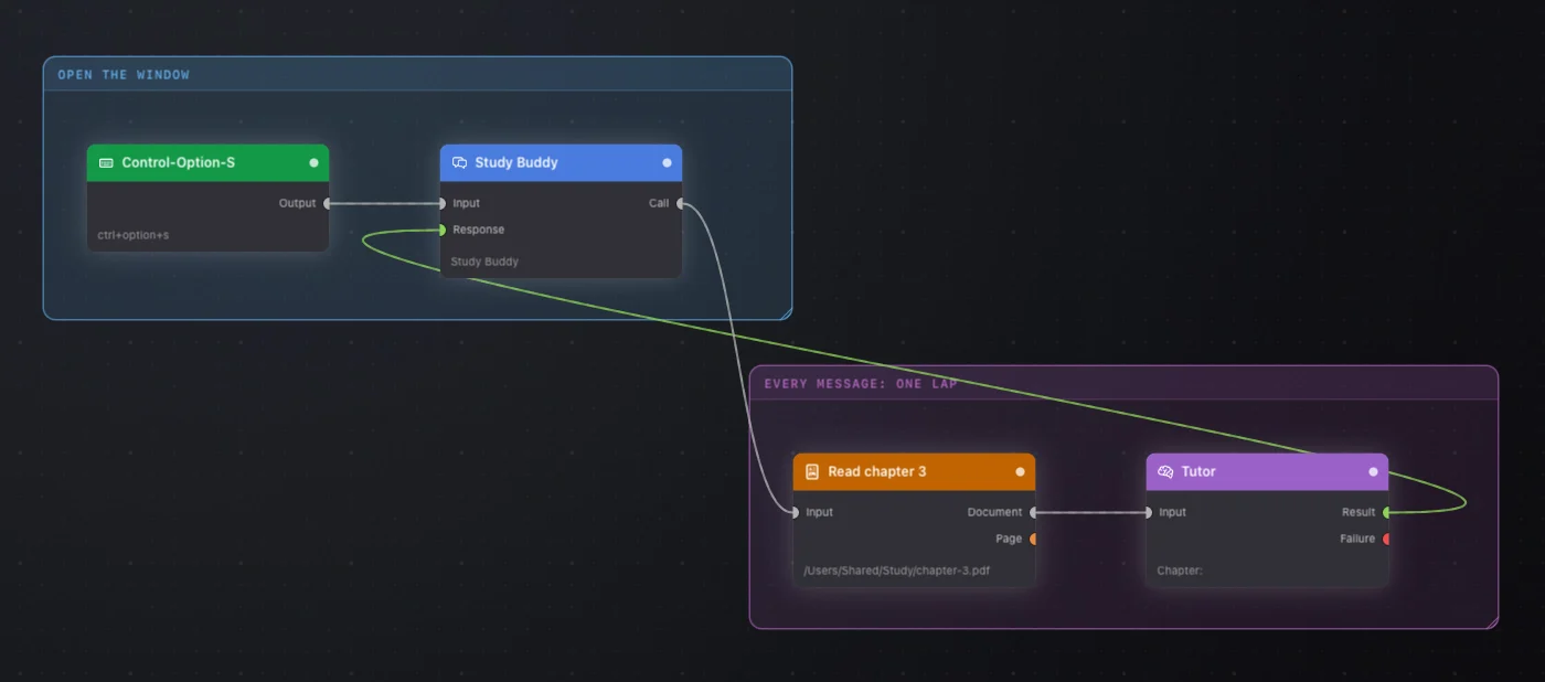 The top Section opens the window. Every message leaves the Chat node by Call, runs through the bottom Section, and the Tutor's answer is wired back into Chat's own Response inlet.