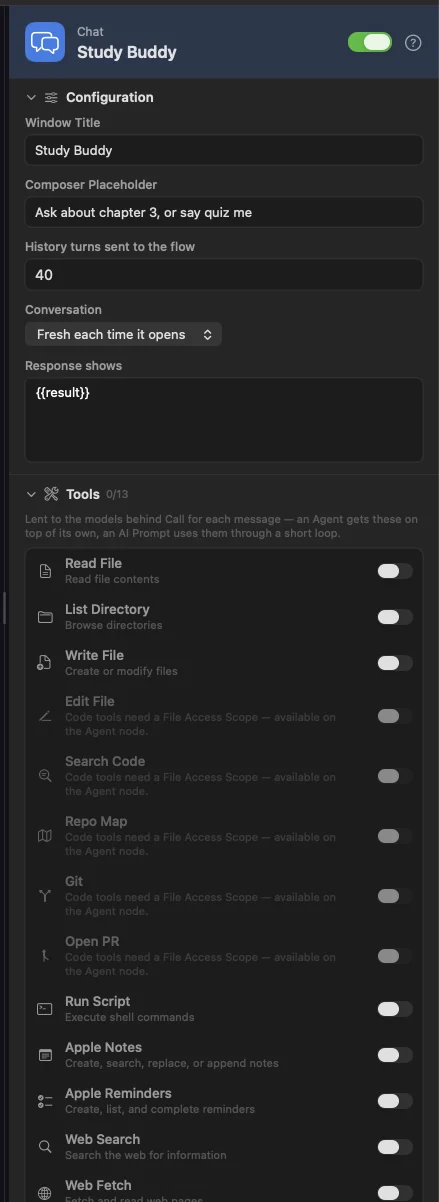 The Chat node: window title, placeholder, 40 history turns, a fresh conversation each time it opens, and Response shows set to {{result}}.