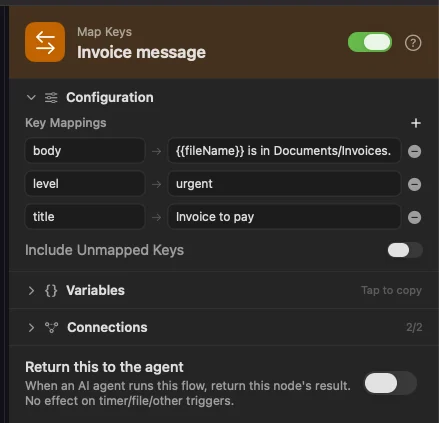 Invoice message builds exactly three keys. Include Unmapped Keys is off, so nothing else reaches Tell Me.