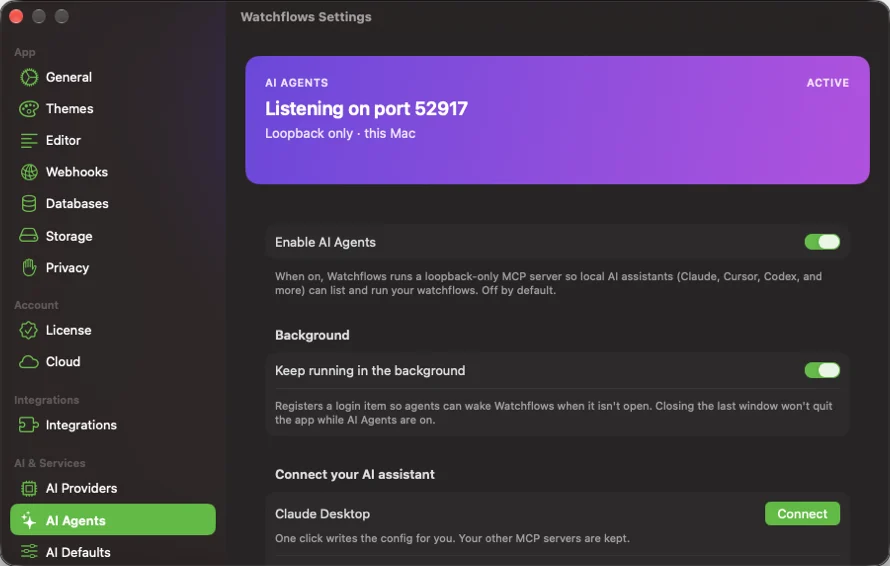 Settings ▸ AI Agents: the switch that starts the server, the loopback port it listens on, and one-click setup for each assistant.