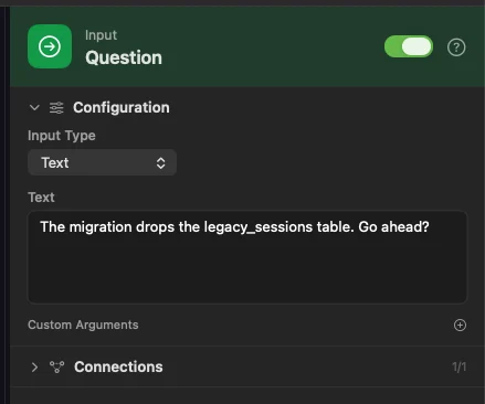The Input inspector. The Text field is the default question.