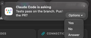 The question in Notification Center, with its Options menu open: the two buttons and the typed reply.