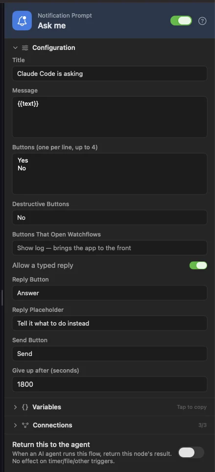 The prompt inspector: two buttons, a typed reply, and a 30 minute wait.