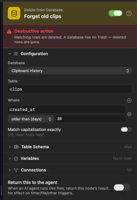 Delete from Database keeps the table to 30 days.