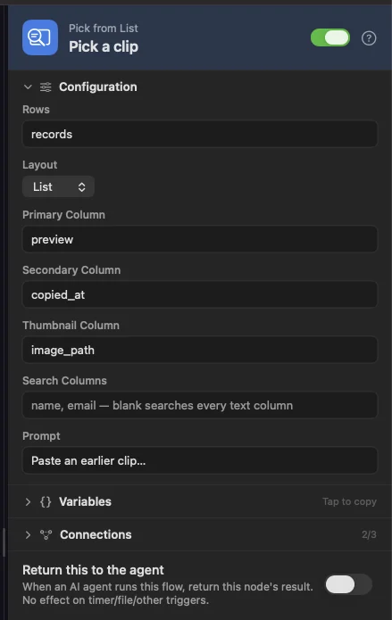 Pick from List showing the preview line, the time, and image thumbnails.