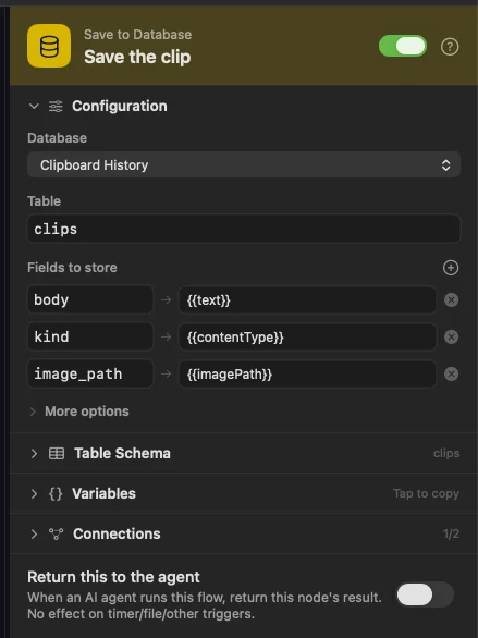 Save to Database writes three fields into the clips table.