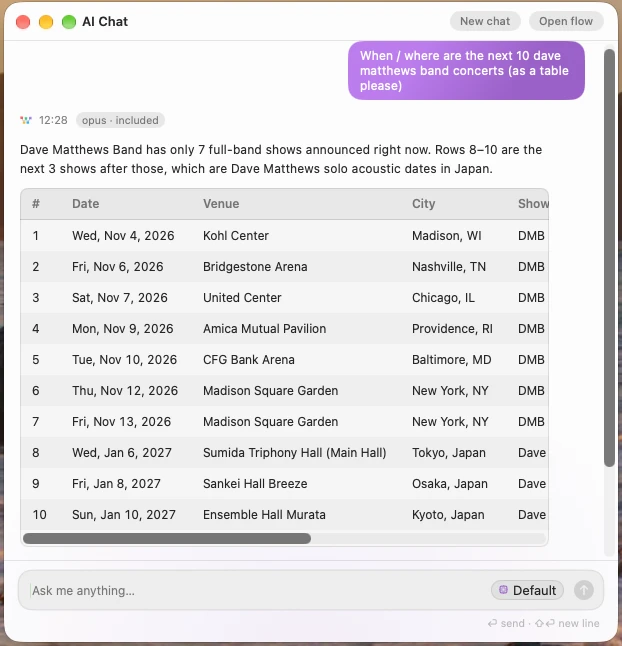 An AI Chat window. The question asks for the next ten Dave Matthews Band concerts as a table, and the answer is a table of dates, venues and cities.