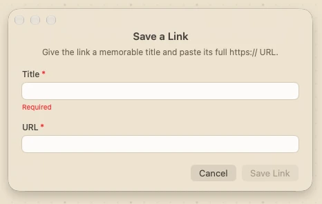 The Save a Link panel. Title and URL are both marked required, Title shows a Required message in red, and the Save Link button is greyed out.