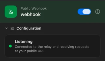 The Public Webhook node's inspector. Its switch is on, and a status card reads Listening: connected to the relay and receiving requests at your public URL.