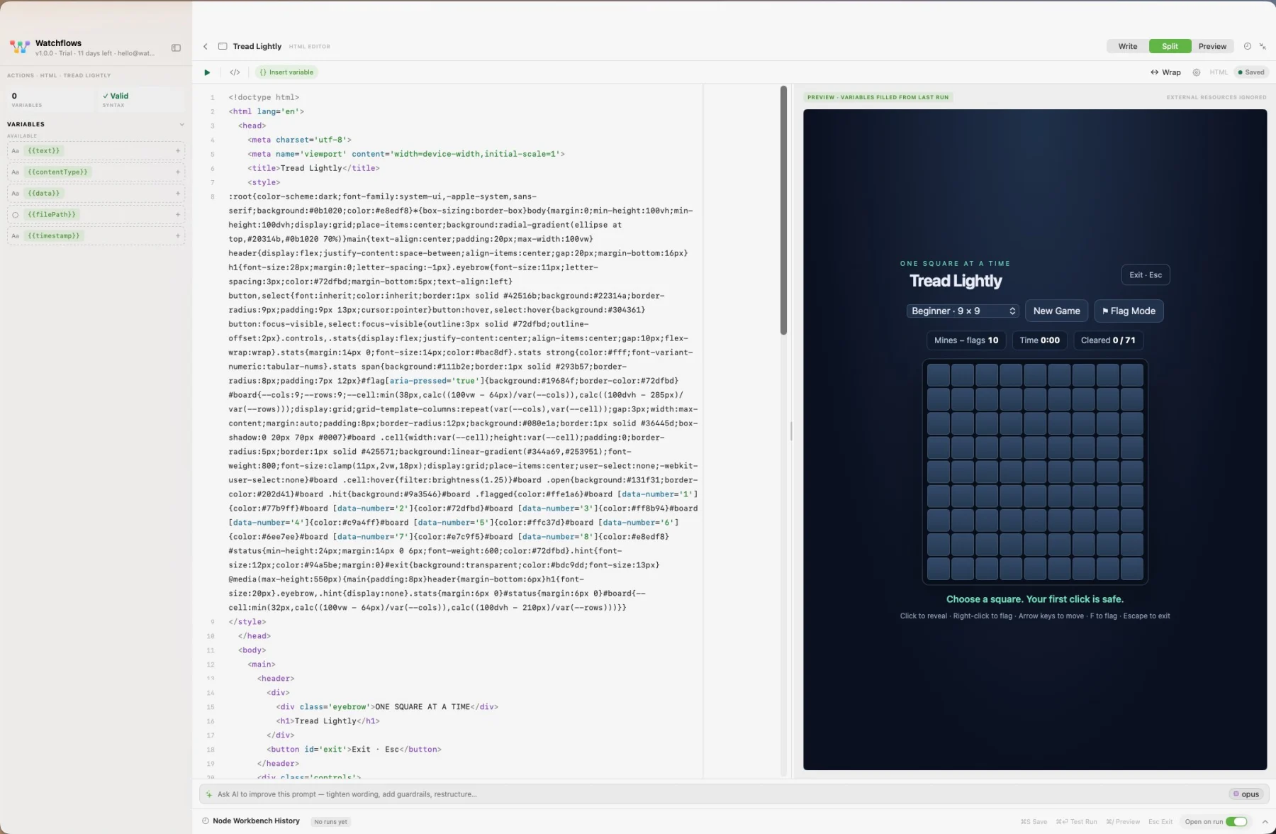 The HTML Editor in Split view. The page's markup is on the left with a variables rail beside it, and a live preview of a mine-clearing game called Tread Lightly is on the right.