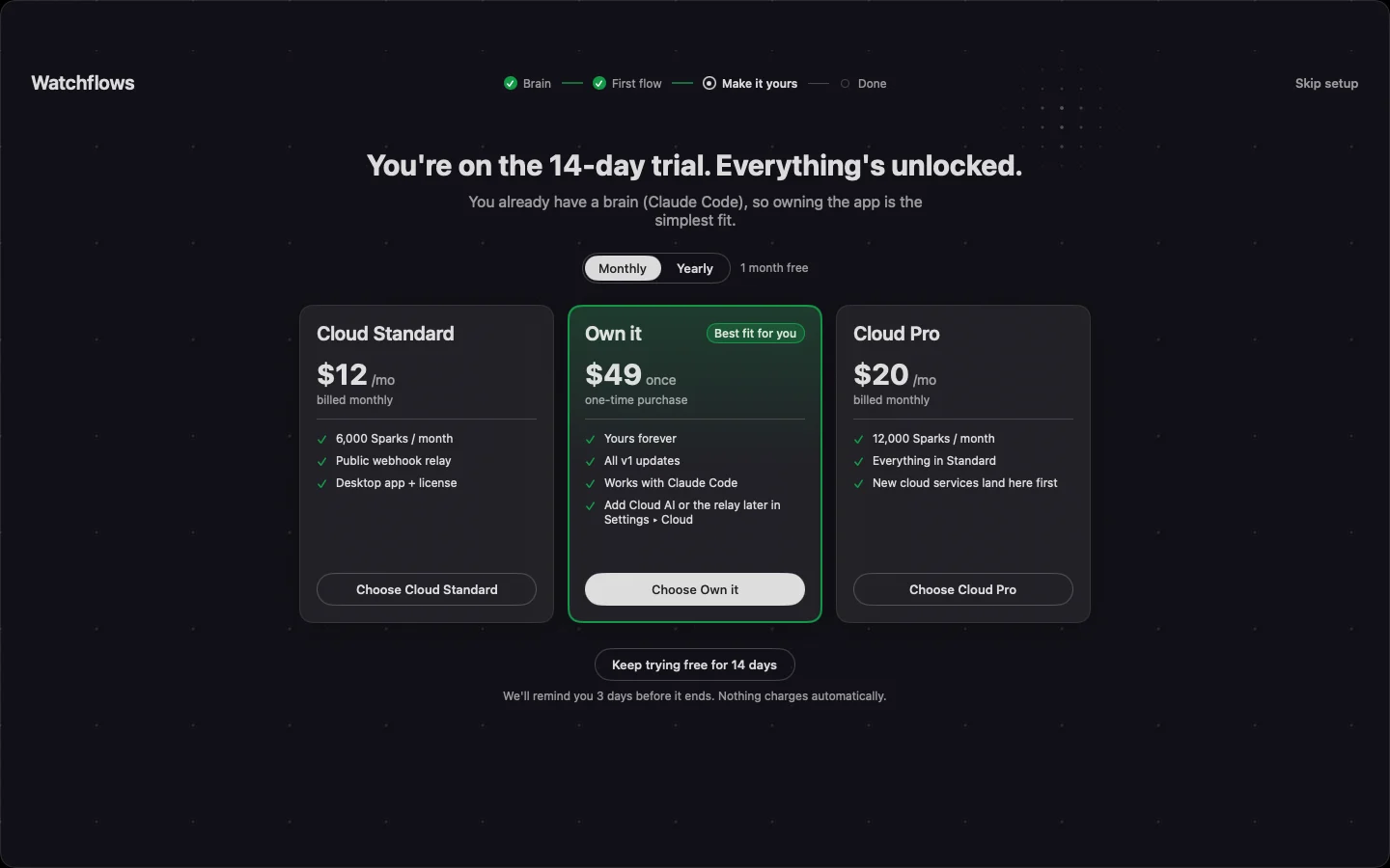 Make it yours: Cloud, Cloud Pro, Own it at $49, or keep the 14-day trial.