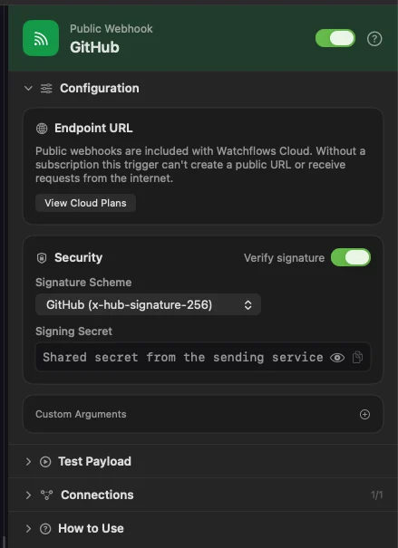 The webhook inspector on a Mac without the relay. With an owned license or Cloud, the Endpoint URL card has Create Public URL, which fills in the address.