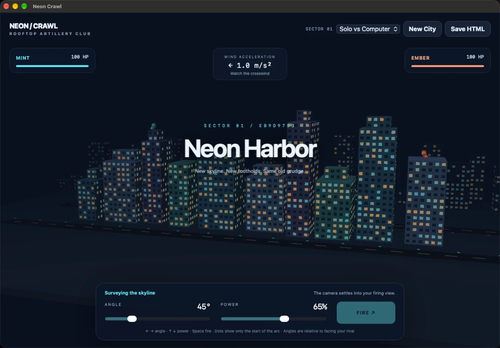 The Neon Crawl window: the Neon Harbor skyline with the two crawlers on their rooftops, Mint and Ember at 100 HP, the wind readout, and the angle and power sliders with Fire for the first shot.