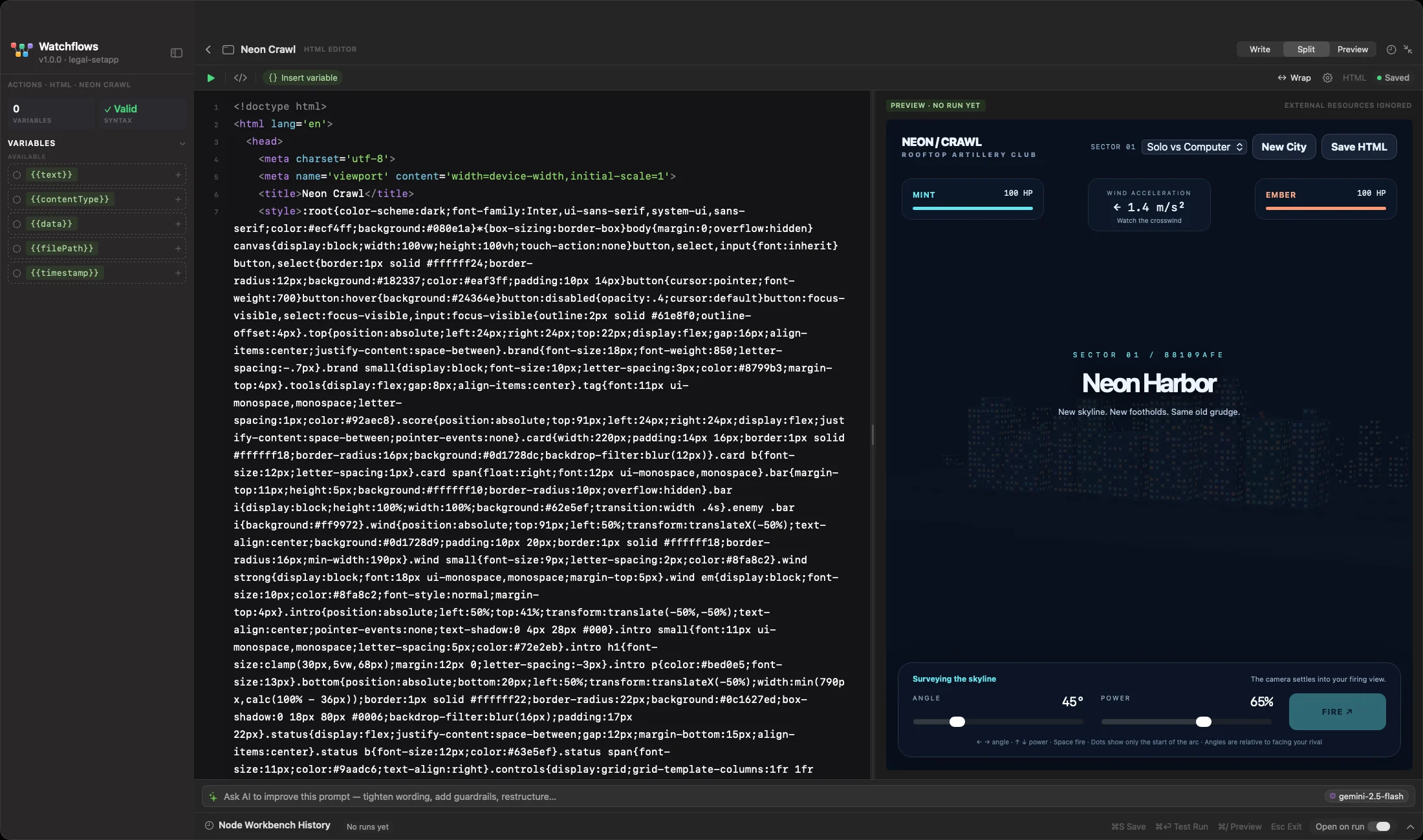 The Neon Crawl workbench: the page's markup and styles on the left, and the city already rendering in the preview on the right.