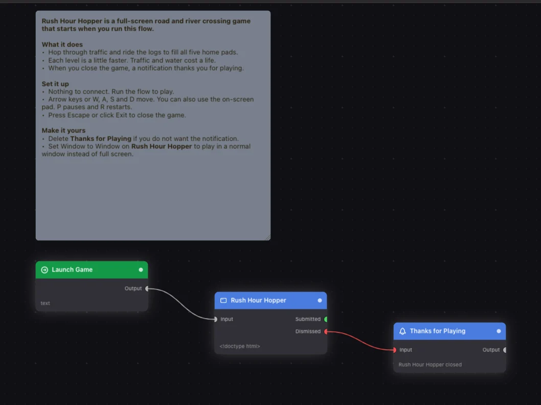The Rush Hour Hopper canvas: a section note explaining the game, Launch Game wired to the Rush Hour Hopper HTML View, and Thanks for Playing after it.
