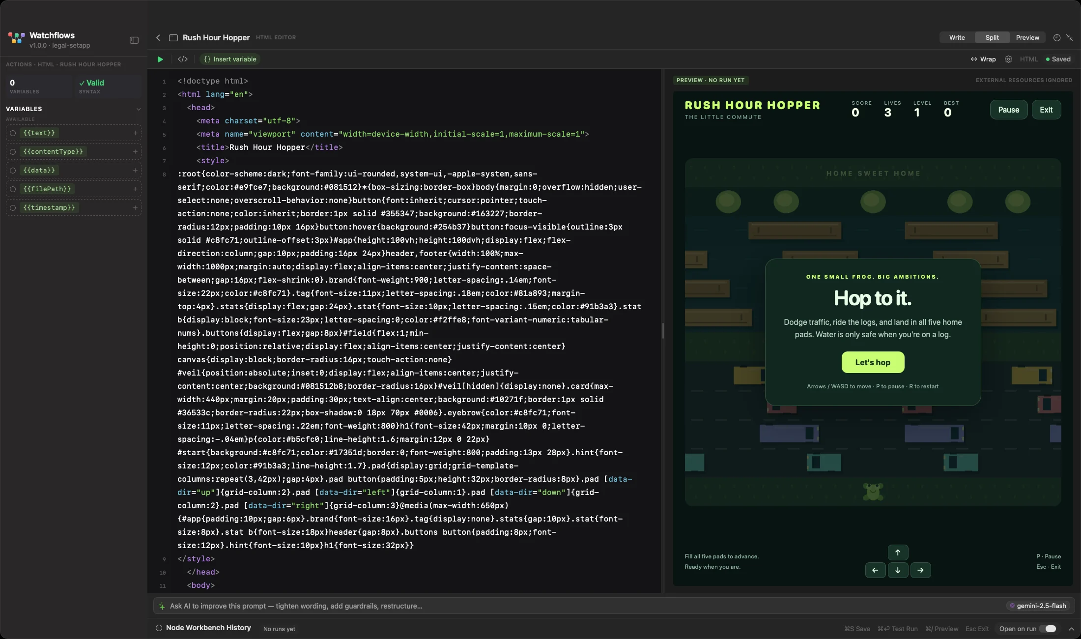 The HTML View workbench for Rush Hour Hopper: the page's markup and script on the left with a variables rail, and the live preview of the game on the right.