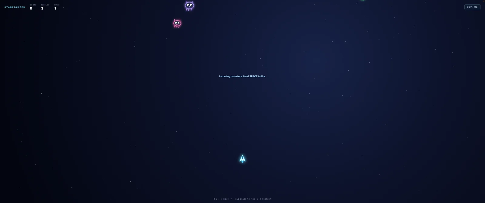 Starfighter Arcade full screen: the ship at the bottom, the first two monsters of wave one coming down from the top, and the score, three shields and wave counter in the corner.