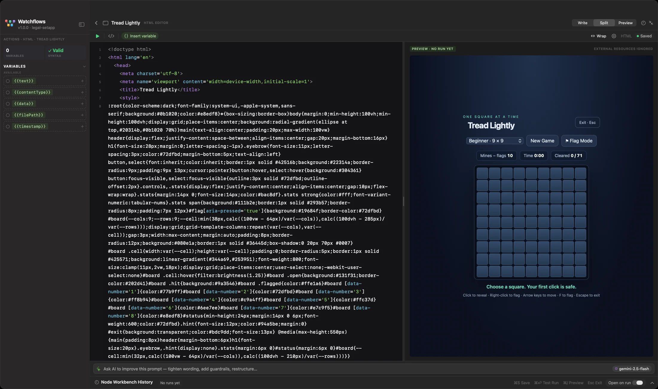 The Tread Lightly workbench: the page on the left, under 9 KB of markup, styles and script, and the Beginner board already drawn in the preview on the right.