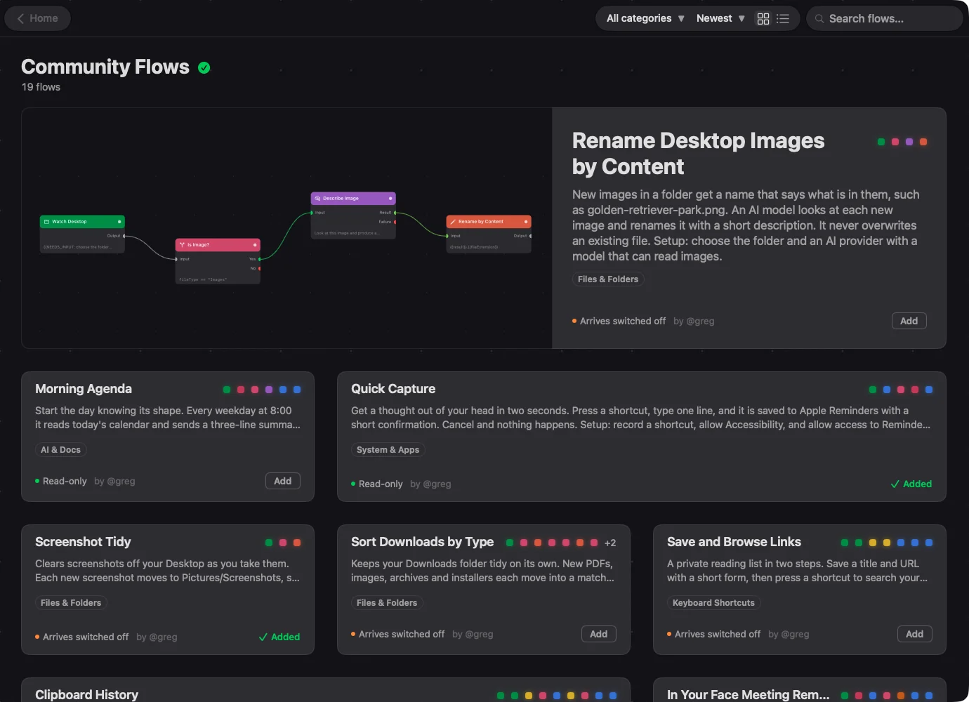 The Community Flows screen: a featured flow on top, then cards with a name, what the flow does, its category and its node colours. Each card has an Add button.
