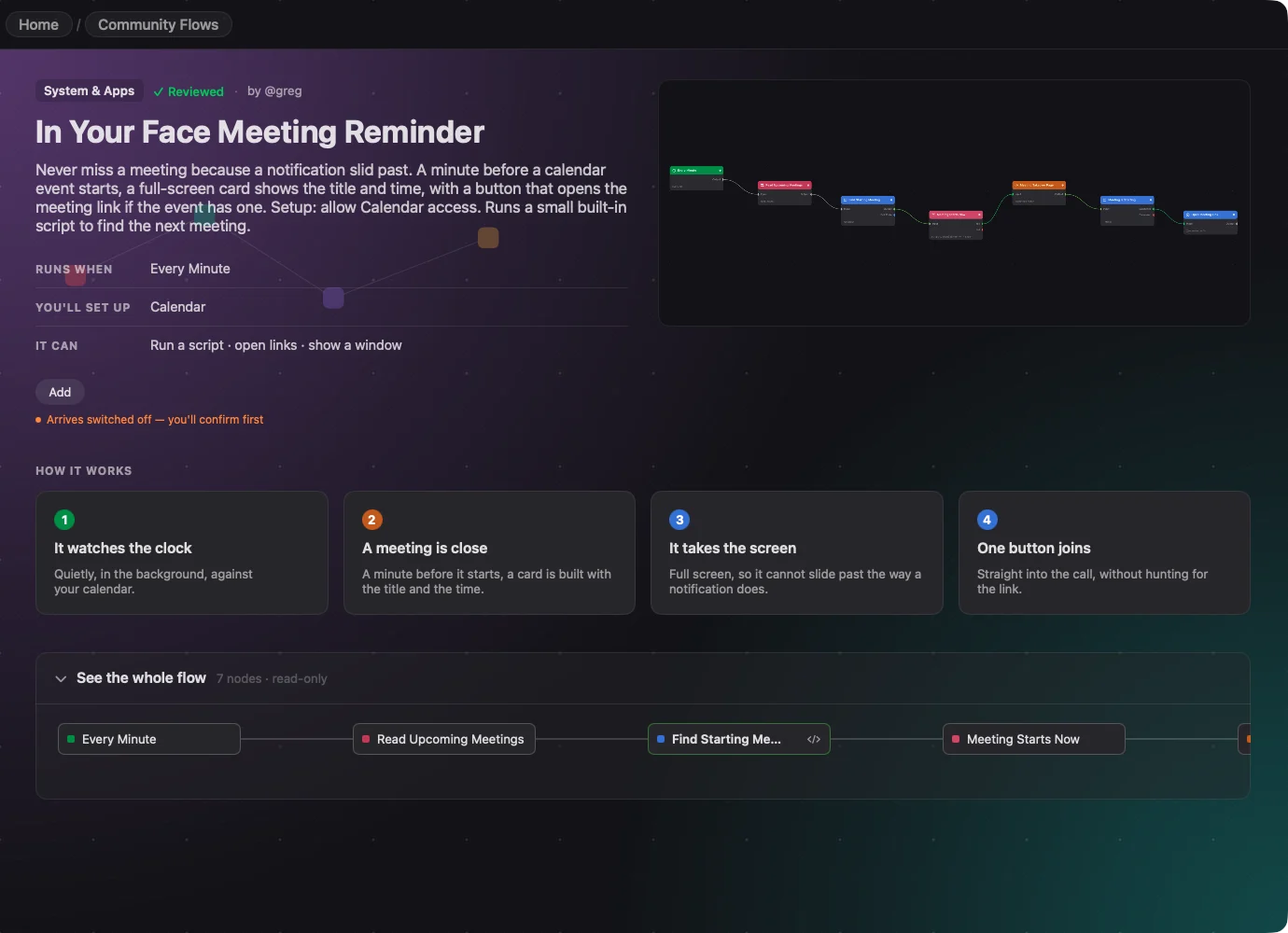 The In Your Face Meeting Reminder page: a seven node flow that checks the calendar every minute and shows a full screen card when a meeting is one minute out.
