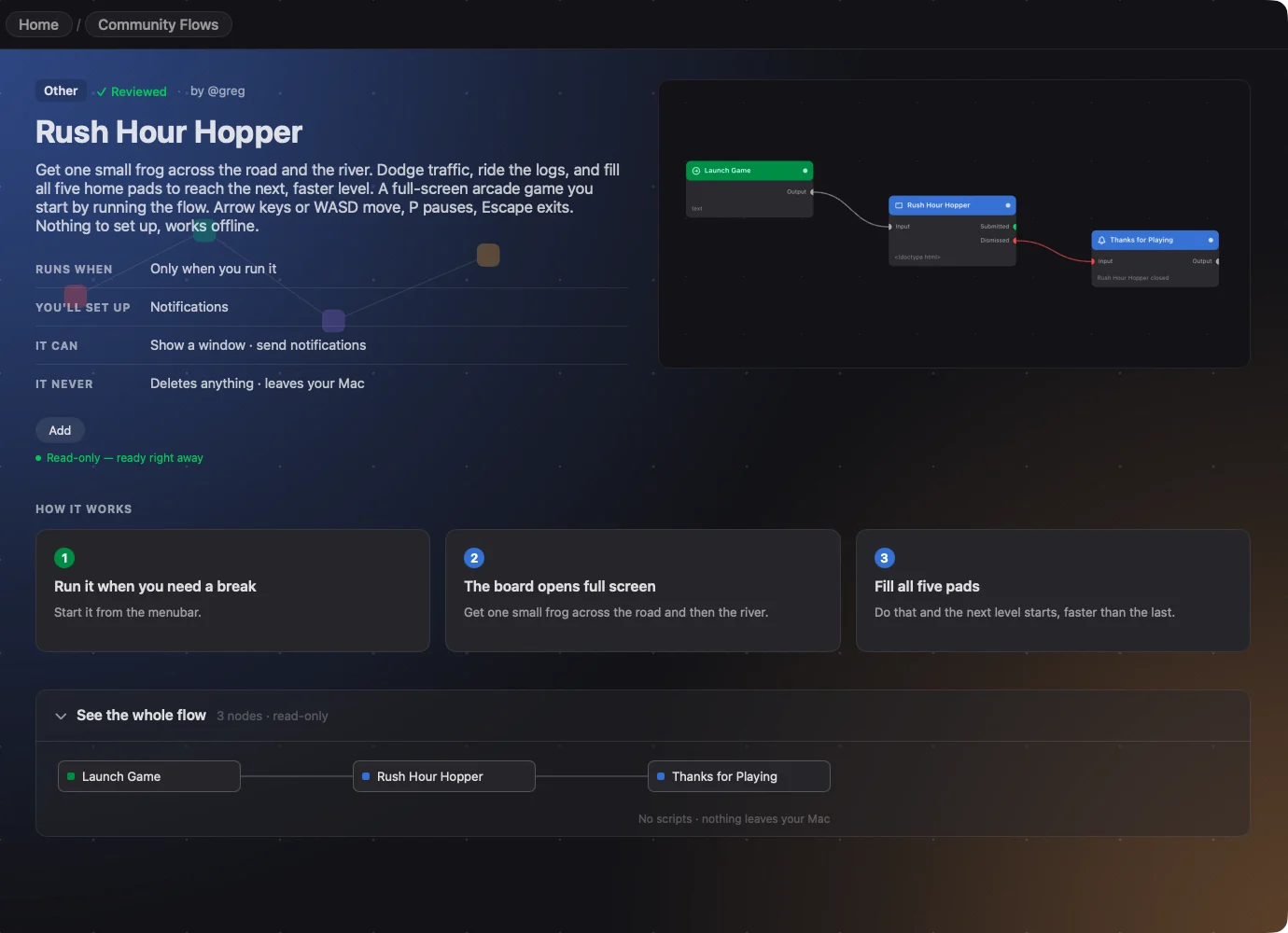 The Rush Hour Hopper page: three nodes, Launch Game, Rush Hour Hopper and Thanks for Playing, with no scripts and nothing leaving the Mac.