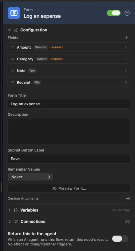 Four fields in the Fields editor. Amount is a required Number with a minimum of 0.01, Category is a Select.