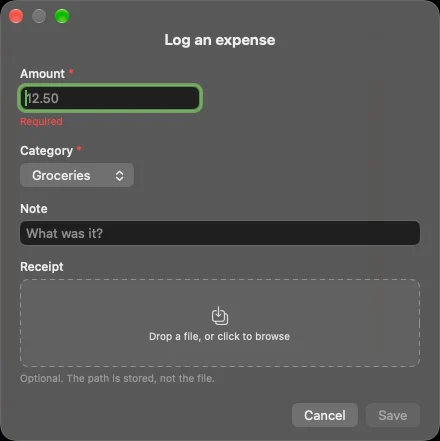 The form as it floats over other apps. Save stays disabled until Amount parses as a number.