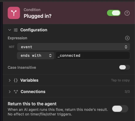 Plugged in? has one rule: event ends with _connected.