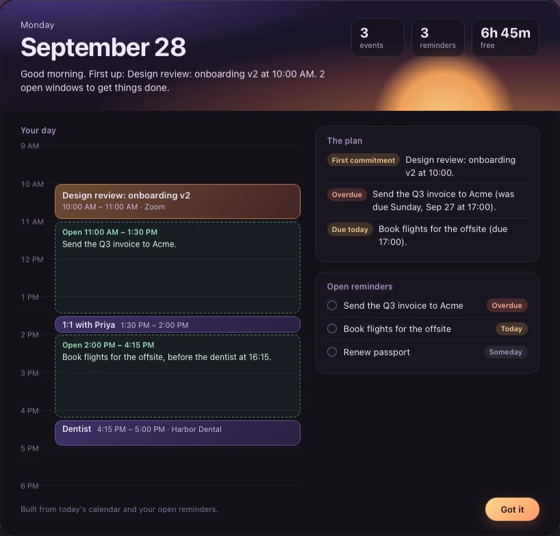 The page from the run in the video: the demo calendar on the timeline, the model's two suggestions in the free slots, and the reminders marked against today.