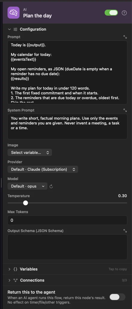 The Plan the day inspector. The prompt pulls in the date, the calendar digest and the reminders, and Provider stays on Default, so it follows whatever this Mac uses by default.