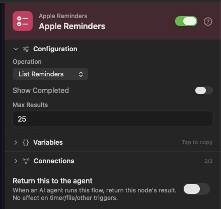 Apple Reminders set to List Reminders, reading one named list with Max Results at 25.