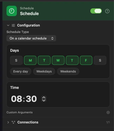 Schedule in calendar mode: the Weekdays chips lit and the time at 8:30 AM.