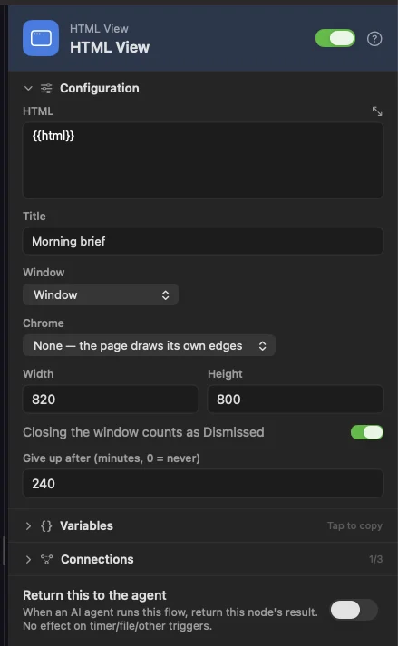 HTML View as a window with no chrome, and Give up after set to 240 minutes.