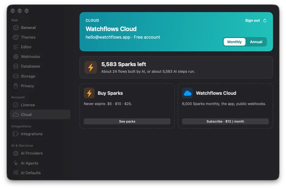 Settings, Cloud. Sparks are what the Builder spends. A turn that reuses the sheet spends about a fourteenth of one that does not.