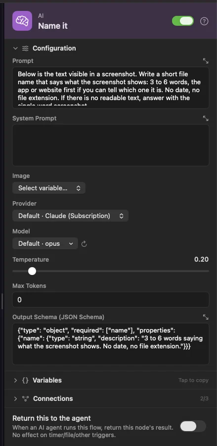 The Name it node. The prompt asks for 3 to 6 words, and the Output Schema requires one field, name.
