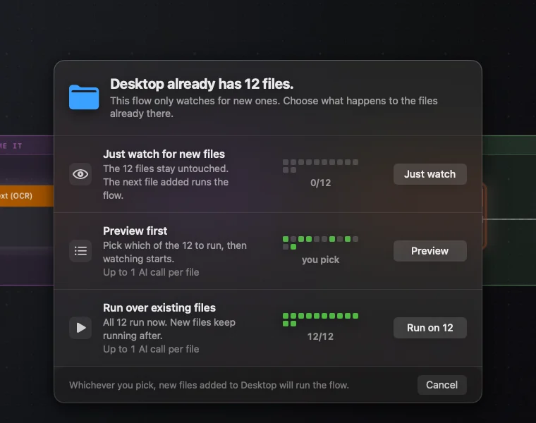 The card: how many files the Desktop holds, and Just watch, Preview or Run on N, with the AI calls per file.