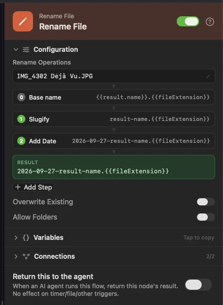 Rename File's pipeline: the Base Name from the model, then Slugify, then the file's creation date on the front.