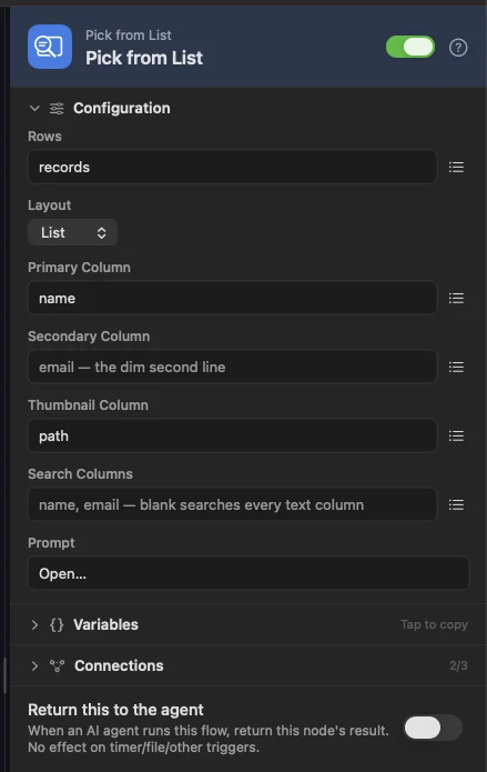Pick from List set to show names, search names, and use the path column for icons.