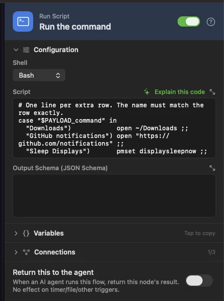Run Script holds every custom command in one case statement.
