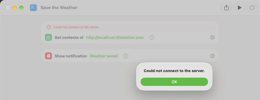A two-step shortcut after a failed run. A dialog says "Could not connect to the server", the first step carries the same message in red, and the notification step never ran.