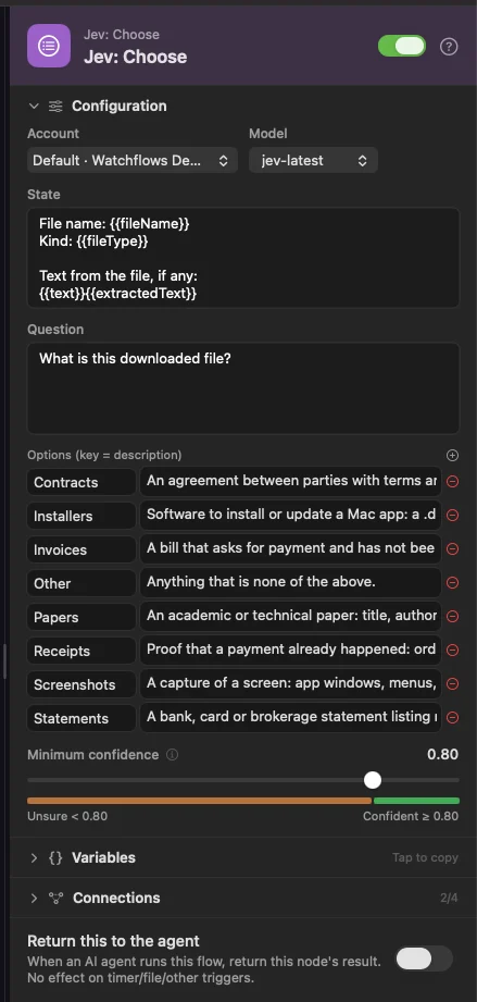 Jev: Choose. Each option key is also the folder name, and Minimum confidence sits at 0.8.