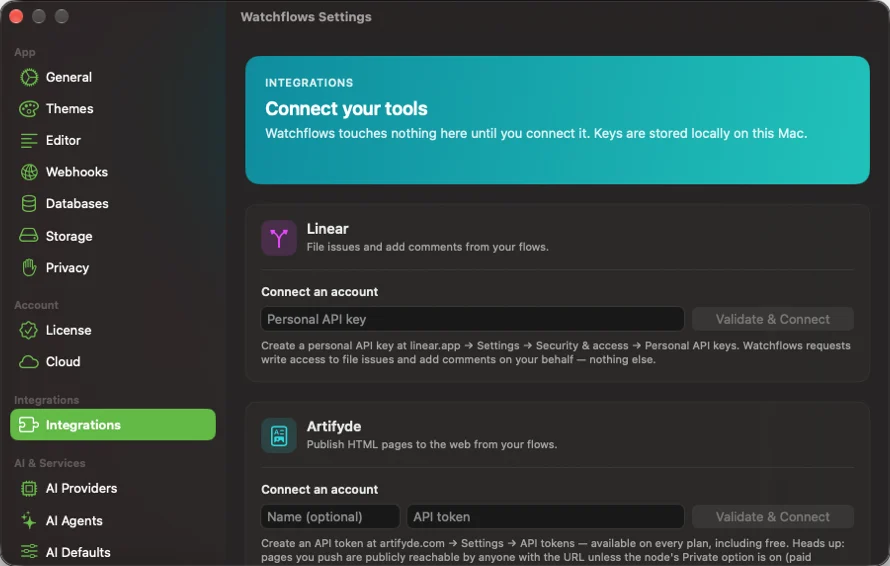 Settings, Integrations. The Jev tile takes one API key, and connecting it spends one tiny test question.