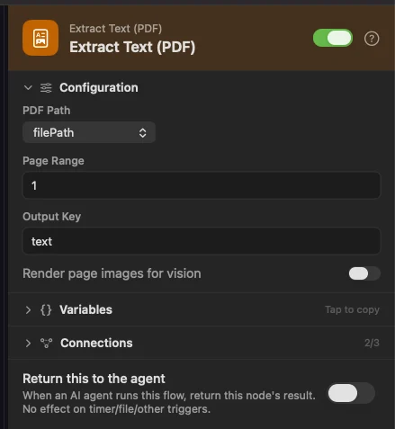 Extract Text (PDF) reads page 1 only. That is where an invoice says it is an invoice.