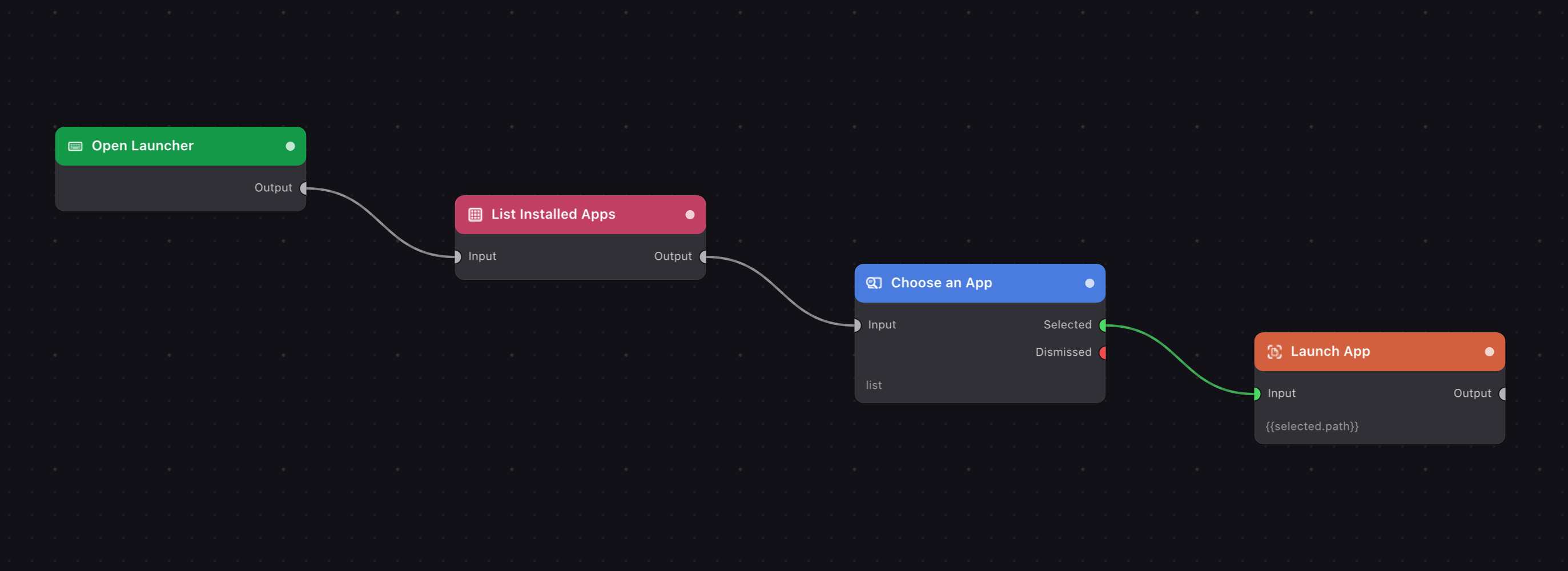 The flow on the canvas: Open Launcher, List Installed Apps, Choose an App, Launch App.