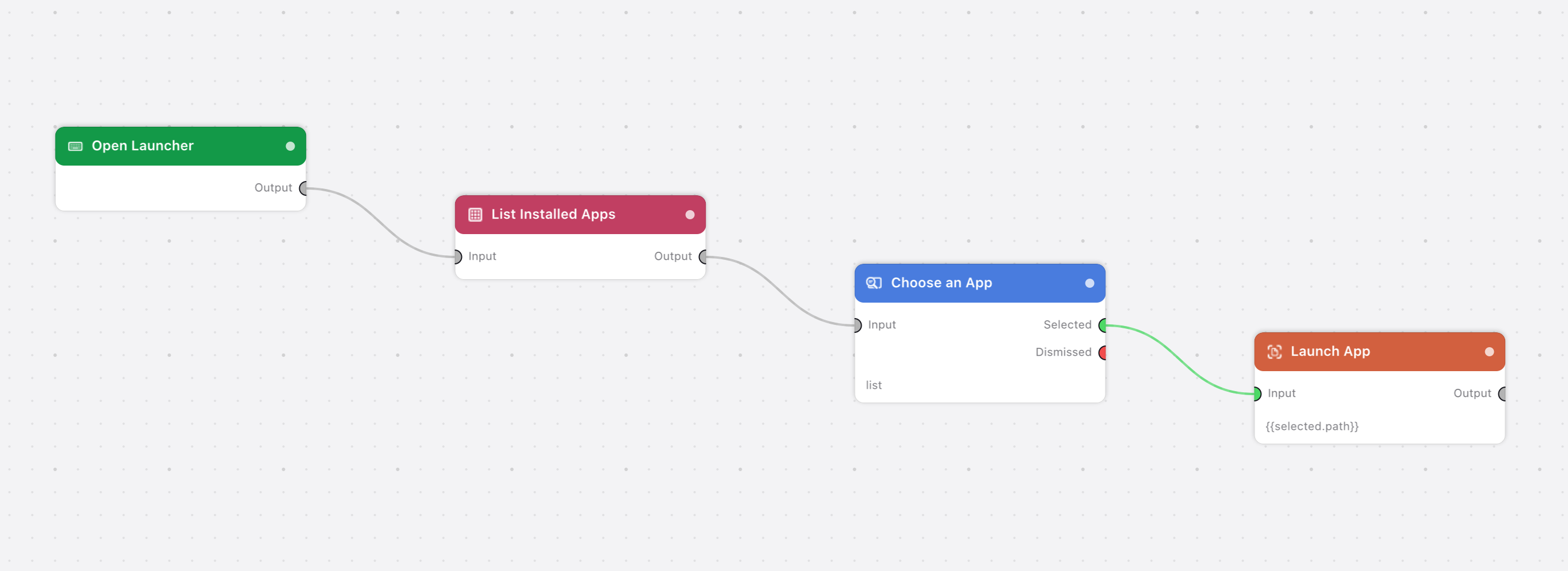 The flow on the canvas: Open Launcher, List Installed Apps, Choose an App, Launch App.