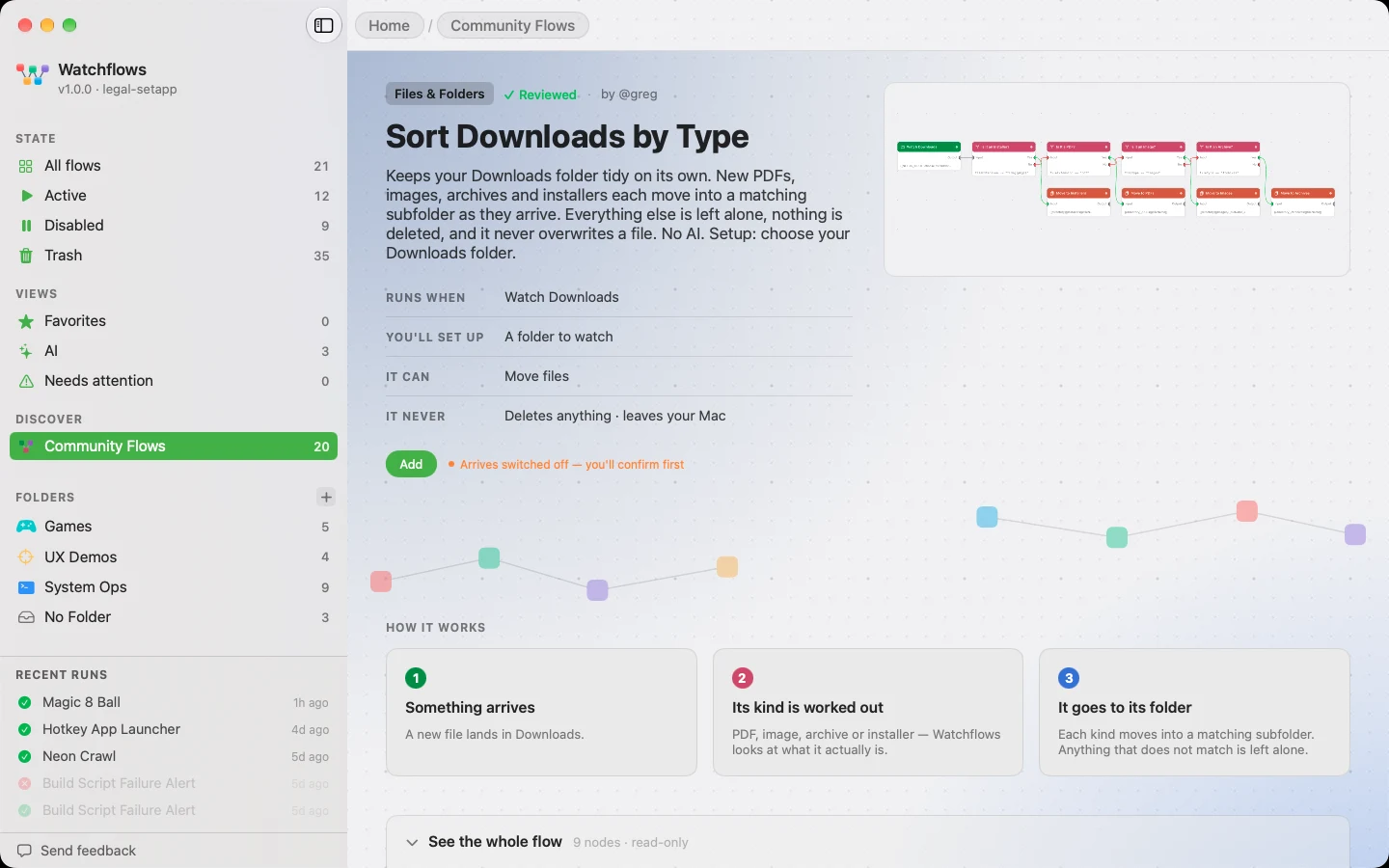 Sort Downloads by Type's page: picture, the four facts, Add with its one-line note, and How it works in three steps.