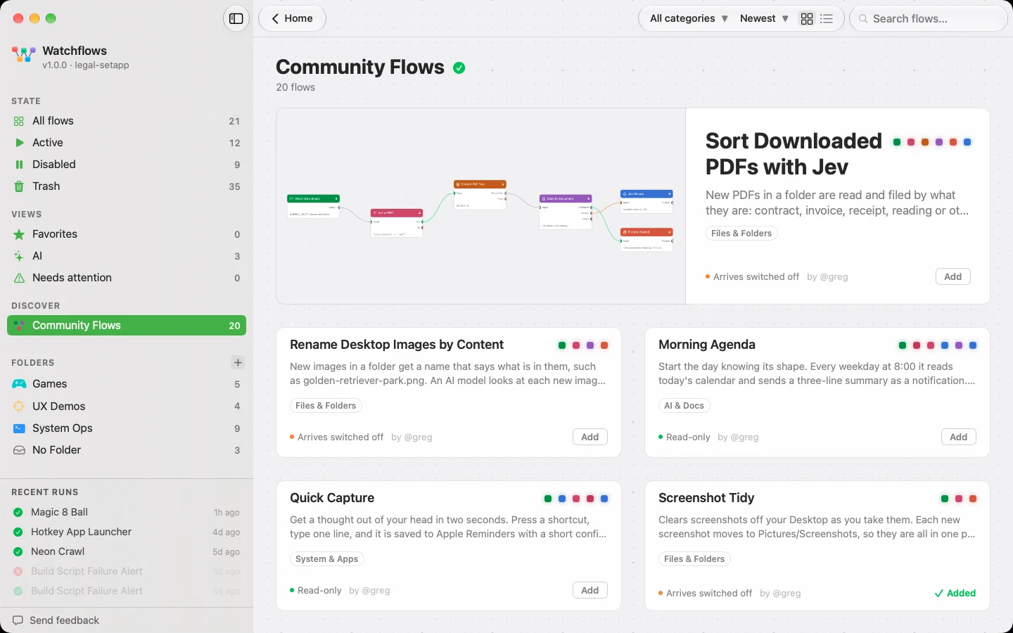 The Community Flows screen in card view: the newest flow leads with its picture, then a grid of cards carrying each flow's node beads, category, safety and author.
