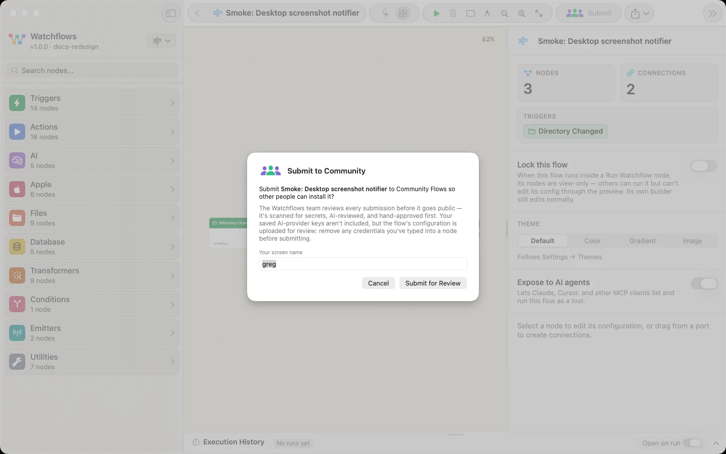 Submit to Community: your screen name, what gets uploaded for review, and the destructive-action notice.