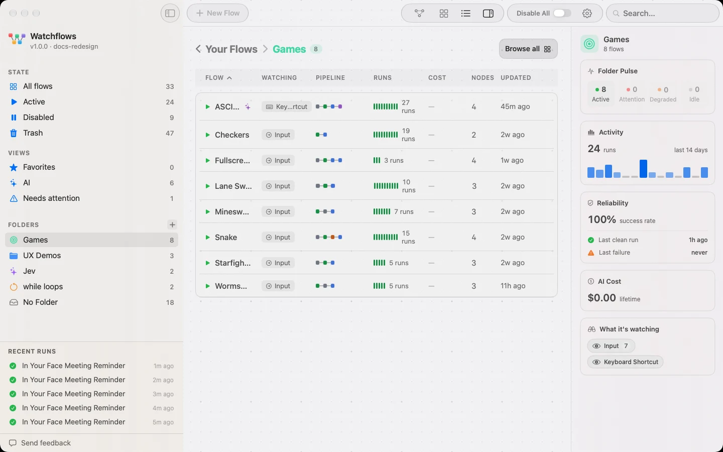 The Folder Dashboard beside a folder's flows: pulse, 14-day activity, reliability, cost and triggers.